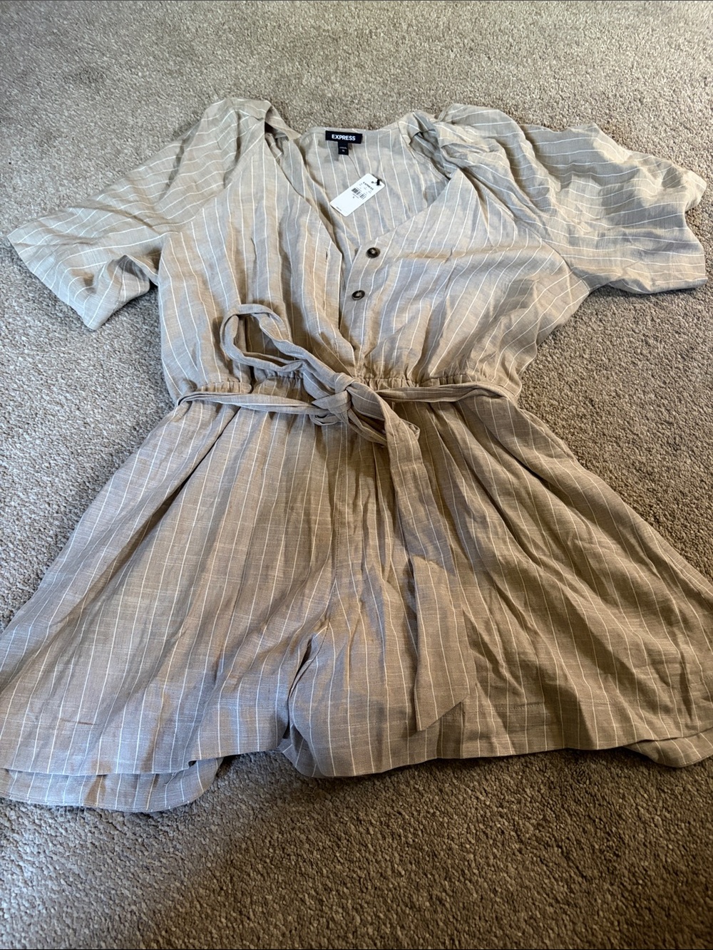 Express Beige & White Striped Tie-Waist Romper